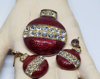 Eisenberg Ice 1970s Christmas Red Ornament Brooch and Pierced Earrings