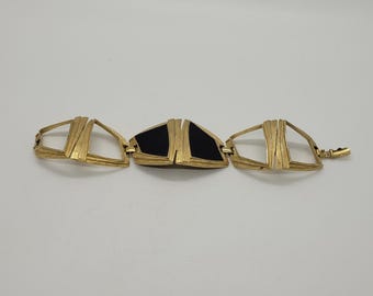 Vintage Trifari Modernist Gold Tone and Black Enamel Link Bracelet