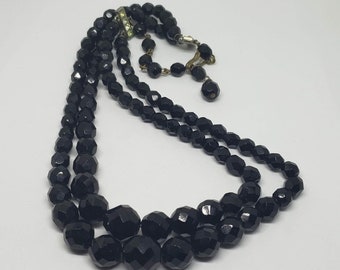 Vintage MCM Laguna Black Faceted Glass Double-Strand Choker