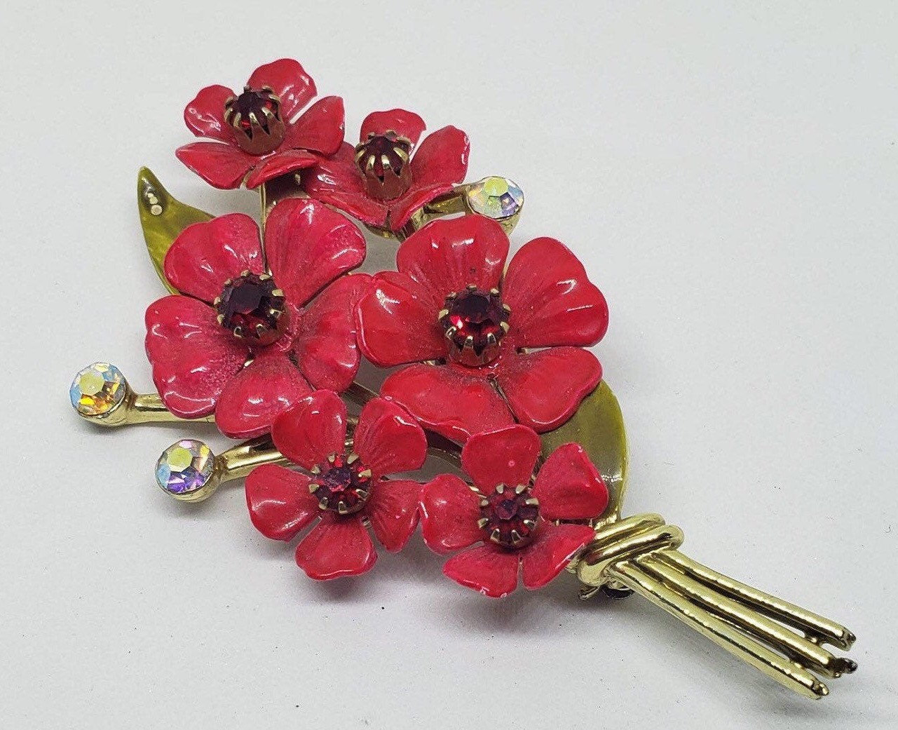 Broche Vintage Or Panier Fleur - Porcelaine, Cristaux, émail - Année 1882 - État Impeccable - Bijou Ancien