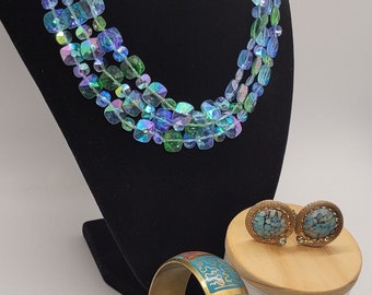 Curated Collection Vintage AB Blue Green Crystal Choker Enamel Bracelet and Clip On Earrings Set