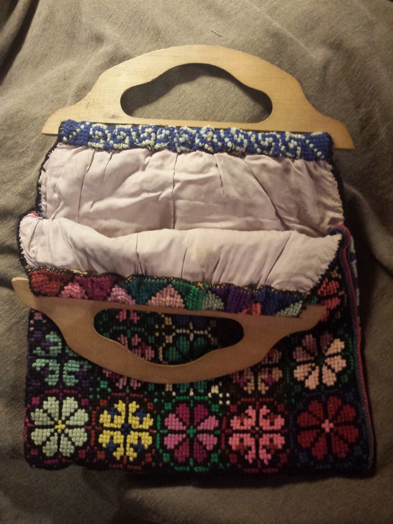 1960s Handmade Needlepoint Bag With Wooden Handles Etsy