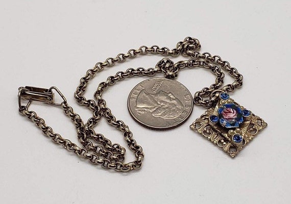 1930s Guilloche Vintage Enamel Blue & Pink Rose Caboc… - Gem