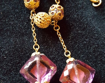 Antique Art Deco Czechoslovian Amethyst Glass and Brass Filigree Dangler Necklace