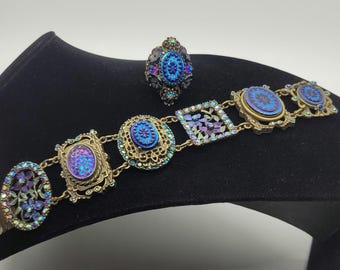 Vintage Peacock Glass Sweet Romance Link Bracelet with Matching Ollipop Statement Ring