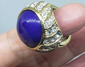 Vintage Kenneth Jay Lane Blue Cabochon Pave Set Crystal Cocktail Ring