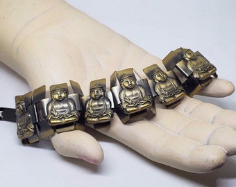 Mid-Century Antiqued Brass 3D Buddha Link Bracelet