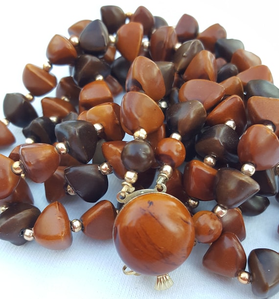 Mid Century Wood Look Plastic Bead Double Strand N
