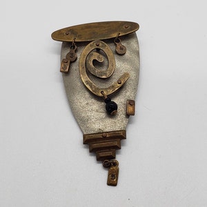 Signed Phillip Valdez Vintage Modernist Mixed Metal Micro-Industrial Brooch