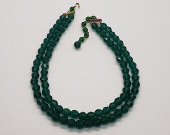 Mid Century Vintage Signed Jonne by Schrager Green Glass Bead Double Strand Choker