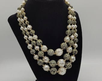 Vintage Triple Strand Graduated Bead Necklace MCM Japan