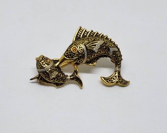 Vintage Damascene Brooch Swordfish Spearing Little Fish