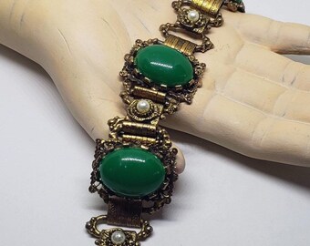 Vintage Victorian Revival Green Glass and Pearl Cabochon Panel Link Bracelet