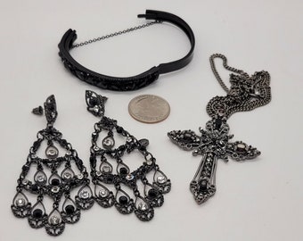 Curated Collection Gothic Revival Black Cross Bracelet Earrings Set