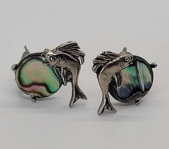 Vintage Silver Tone Fish and Abalone Shell Clip-O… - image 1