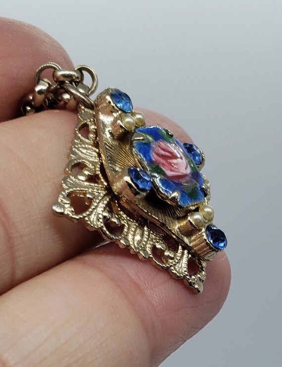 1930s Guilloche Vintage Enamel Blue & Pink Rose C… - image 7