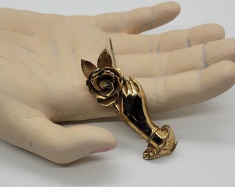 Signed Coro Vintage Rose in Hand Gold Tone Brooch