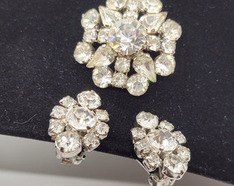 Vintage Austrian Ice Crystal Rhinestone Brooch and Clip On Earrings Set