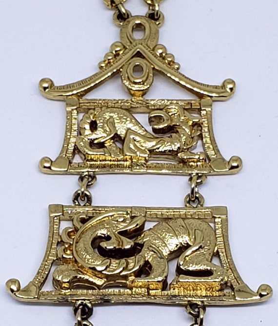 Mid-Century Signed Monet Gold Tone Dragon Pagoda … - image 9