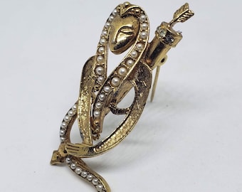 Vintage Sagittarius Archer Faux Pearl, Rhinestone and Gold Tone Brooch
