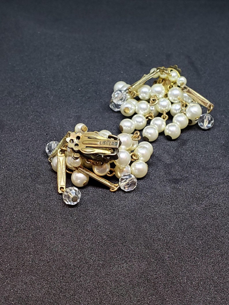 Signed Lisner Clip On Cascade Pearl and Crystal Cha-Cha Earrings