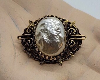 Vintage Sandor Co. Faux Baroque Pearl Brooch in Antiqued Gold Tone