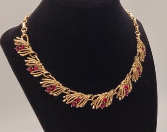 Vintage Lisner Gold Tone Choker with Red Rhinestone Crystals