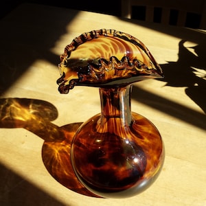 Handblown Leopard Tortoise Shell Vintage Glass Vase with Ruffled Rim
