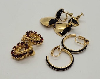 Vintage 1960s Clip-On Enamel, Rhinestone Gold Tone Earrings Set of Three