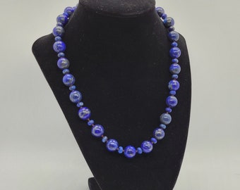 Vintage Lapis Lazuli Stone Bead Choker with Chunky Silver Spring Ring Clasp