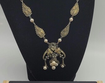 Antique Art Nouveau Brass and Faux Pearl Choker and Bracelet Set