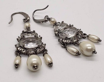 Monet Vintage Oval Cut Crystal French Hook Earrings with Dangling Faux Pearls