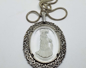 1980s Avon Victorian Lady Etched Intaglio Glass Pendant
