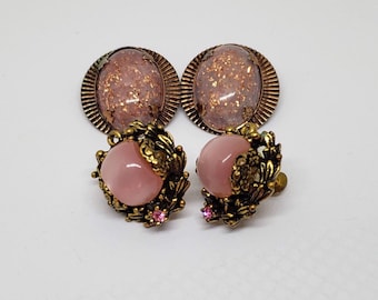 Two Pairs of Vintage 1960s Pink Glass Cabochon Earrings - Clip-ons and Screwbacks