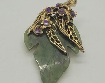 1960s Swoboda Carved Jade Leaf Brooch/Pendant with Amethyst and Gold Tone Overlay