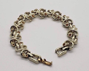1960s Era Vintage Signed Marvella Gold Tone Topaz Glass Link Bracelet