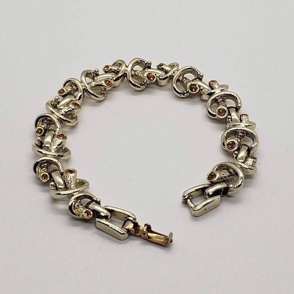 1960s Era Vintage Signed Marvella Gold Tone Topaz Glass Link Bracelet