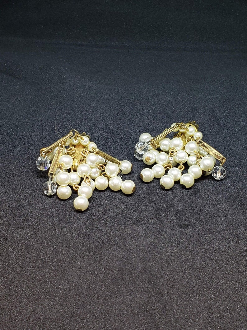 Signed Lisner Clip On Cascade Pearl and Crystal Cha-Cha Earrings