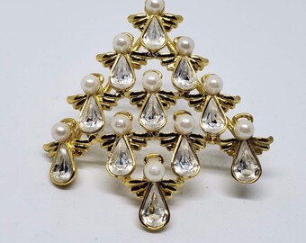 Vintage Avon Faux Pearl and Crystal Angel Christmas Tree Brooch