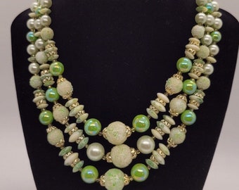 MCM Japan Glass Bead Triple-Strand Lime Green Shiny & Frosted Choker Necklace