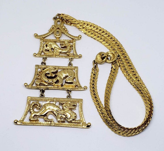 Mid-Century Signed Monet Gold Tone Dragon Pagoda … - image 2