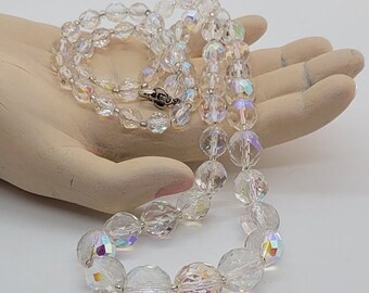 Fabulous Vintage Graduated Aurora Borealis Faceted Crystal Bead Long Necklace