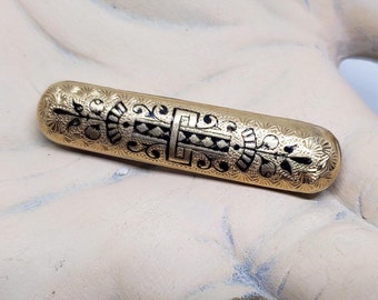 Antique Victorian 10K Rose Gold Filled Etched Black Enamel Bar Pin