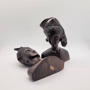 1950s Pair of Bali Hand-Carved Teak Wood Native Figurines