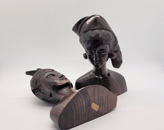 1950s Pair of Bali Hand-Carved Teak Wood Native Figurines