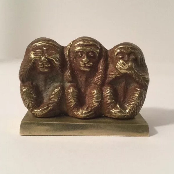 Brass 3 Wise Monkeys Paperweight See No Evil Hear No Evil Speak No Evil, Vintage