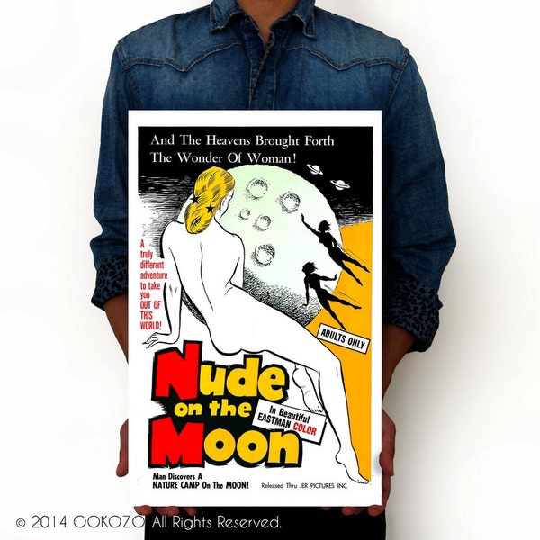 Nude on the moon - Adult only Art Print, Minimalist Art, Posters, Dorm Decor, Vintage Vintage Advertising Poster 13" x 19"