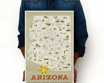 Art Print, Illustration, Art Posters, Dorm Decor, Minimalist Art, Vintage Poster - Arizona Vacation State of the Nation Map 13" x 19"