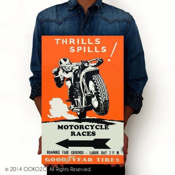 Thrills Spills Vintage Style Motorcycle Racing Poster 8" x 12" Alum Sign R/W/B 