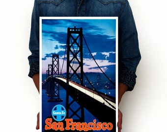 San Francisco Santa Fe Vintage Poster, Vintage Poster Art Print, Golden Gate Bridge Art Posters, Minimalist Art 13" x 19"